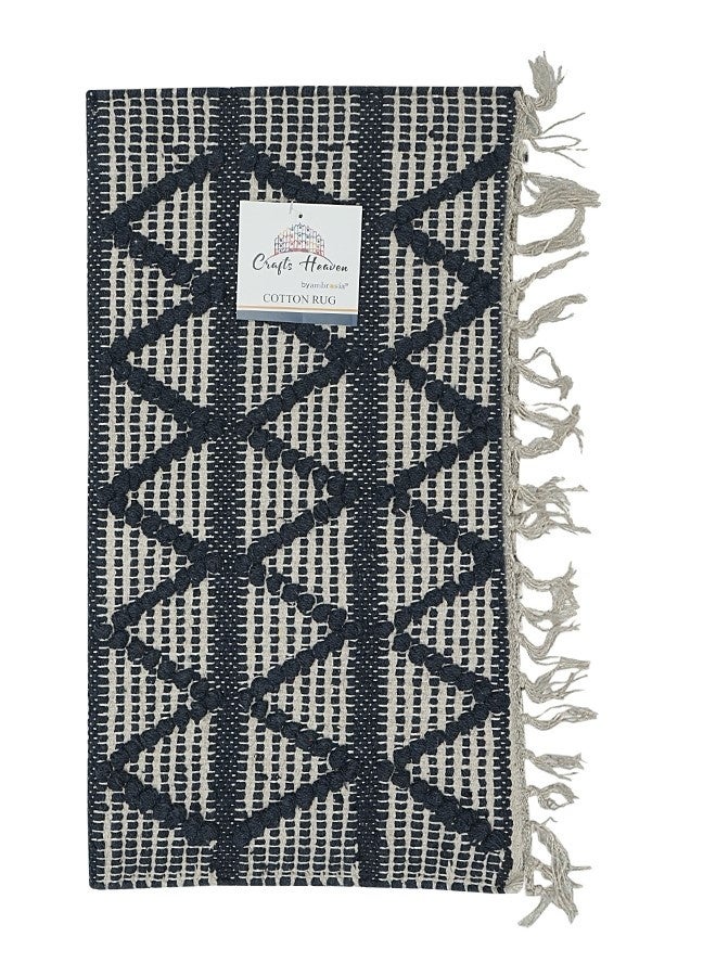 Ambrosia 50 x 80 cm Handloom Cotton Rug Navy Blue Geometric Pattern With Fringes For Entryway Bedside Bohemian Decor Rustic Floor Mat Accent And Throw Blanket - Image 3